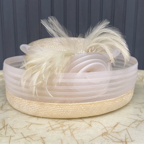 Sandra New York Ivory Straw Church Hat with Feathers & Organza Rosette, Medium - Picture 1 of 11